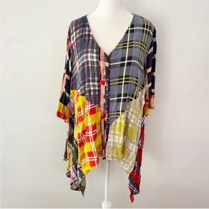 Sacred Threads Women Patchwork Plaid Asymmetrical Button Down Top Hippie Casual